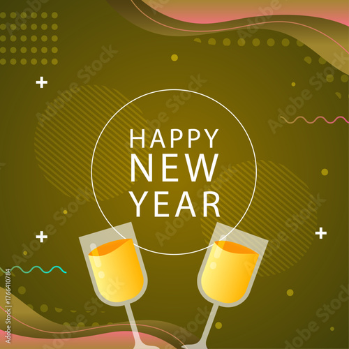 Vibrant graphic design celebrating a joyful New Year with champagne flutes and an abstract festive background, perfect for holiday greetings
