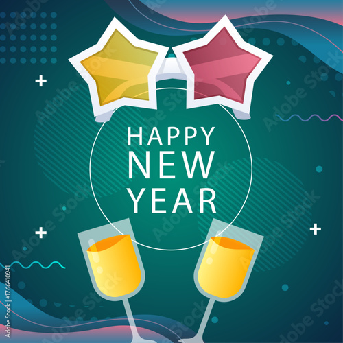 Happy New Year celebration with star glasses and champagne glasses filled with drink