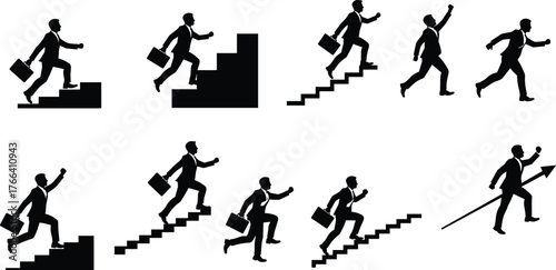 Businessman climbing stairs symbolizing success, motivation, progress, leadership, achievement, growth, career development, ambition, hard work, and determination in business.