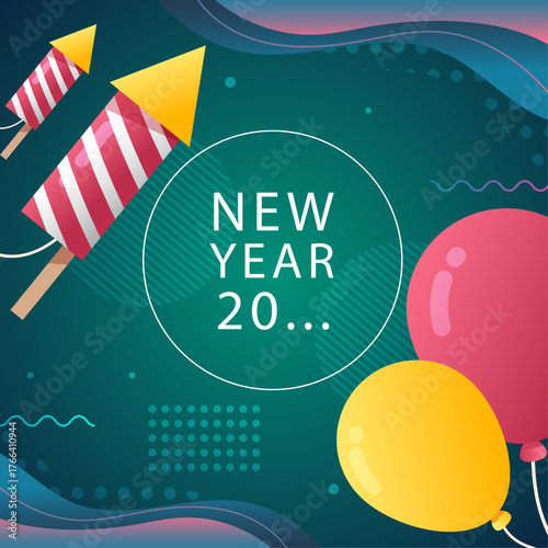 Happy New Year Celebration with Fireworks and Balloons Illustration