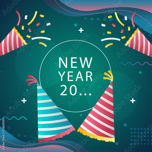 Celebrate New Year with festive party hats and confetti, a vibrant illustration for holiday greetings and decorations
