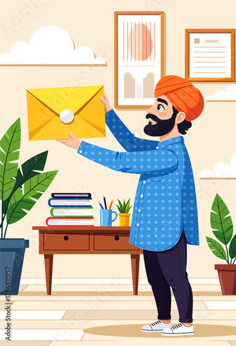 Man in turban holding giant envelope in colorful office, flat vector style