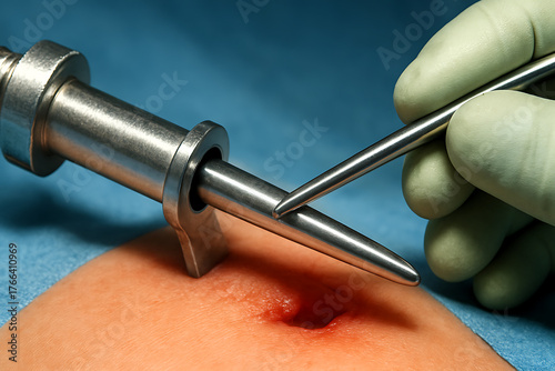 Close-up of a laparoscopic trocar insertion during minimally invasive surgery. The sterile metal instrument pierces the skin with precision, guided by gloved hands under bright surgical lighting.