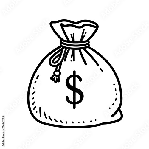 Minimal money bag with dollar sign, black and white line art, isolated