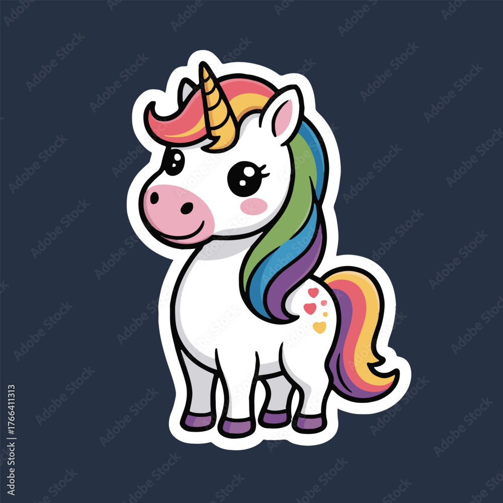 Naklejka premium A cartoon unicorn with rainbow mane and tail standing on a dark blue background with a white outline