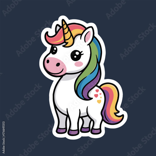 A cartoon unicorn with rainbow mane and tail standing on a dark blue background with a white outline