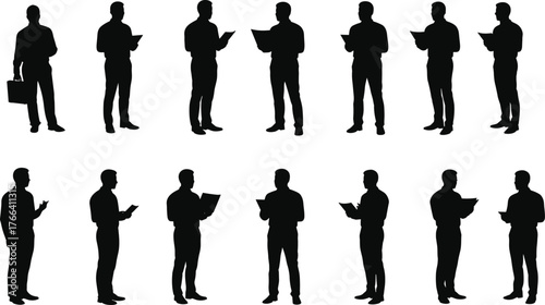 Businessman silhouette reading document, professional posture, corporate stance, office activity, formal attire, leadership concept, presentation preparation, business communication, executive role