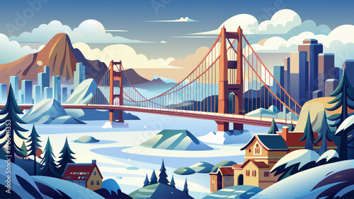 Vector illustration of snowy San Francisco with Golden Gate Bridge, cloudy winter sky, no sunlight, cold calm atmosphere, realistic details, soft tones, urban landscape