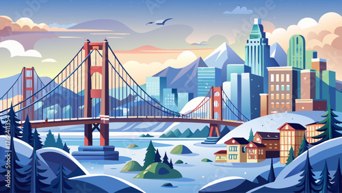 Vector illustration of snowy San Francisco with Golden Gate Bridge, cloudy winter sky, no sunlight, cold calm atmosphere, realistic details, soft tones, urban landscape