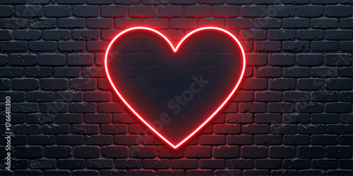 Neon heart glowing red on dark brick wall, romantic urban nightscape