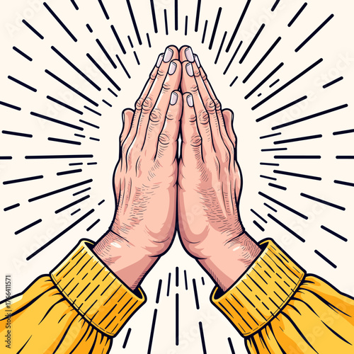 Praying hands in yellow sleeves with radiating lines, comic book style illustration