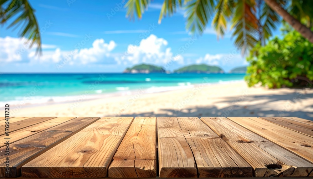 Fototapeta premium Light Wood Table with Beach Background