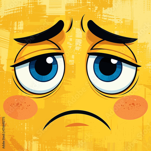 Sad yellow emoji face with blue eyes and rosy cheeks, cartoon style isolated