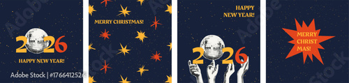 New year and Christmas greeting cards set with halftone art collage cut outs and numbers 2026. Paper clippings with vintage dot texture and doodles. Modern retro grunge mixed media vector illustration