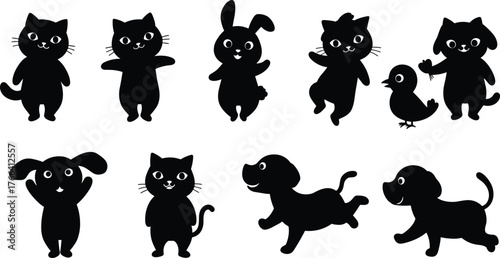 Cartoon animal silhouettes, cats, dogs, rabbit, playful characters, cute pets, black and white design, children’s illustration, fun, creative art