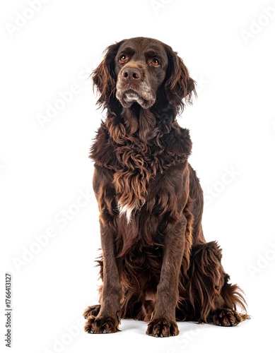 A lovely brown dog in a studio setting, posed, gazing upwards