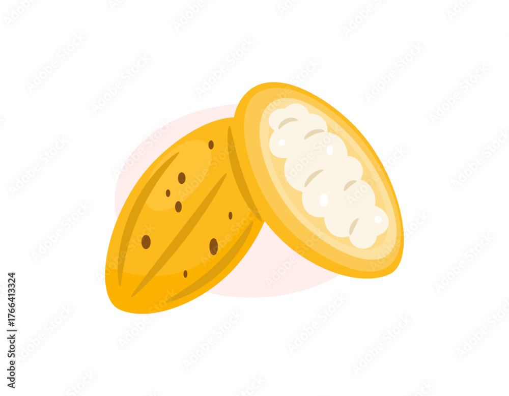 Obraz premium illustration of yellow cocoa fruit. The cocoa pod is split open, revealing the cocoa beans. Flat design style. White background.