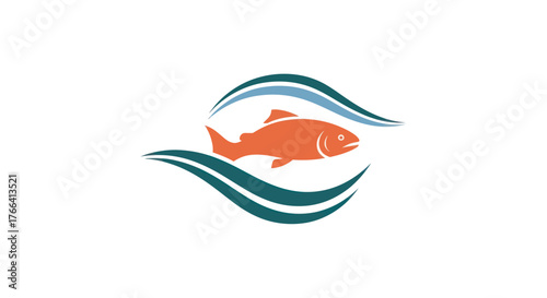 Orange fish swimming between teal waves logo design concept.