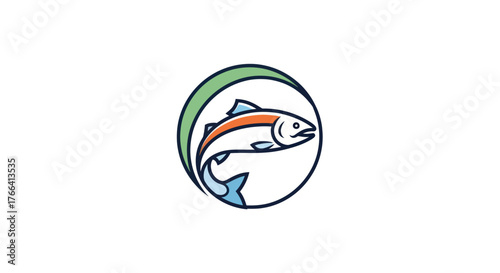 Stylized jumping salmon fish logo in a circular frame.