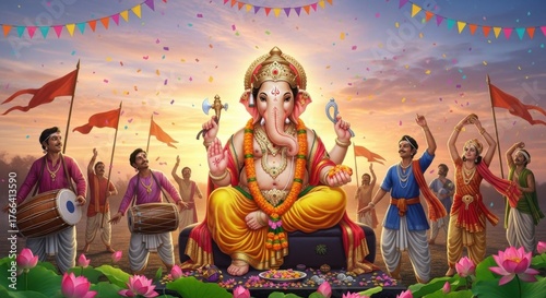 Lord ganesha idol with devotees celebrating during a festival with flags and music, symbolizing prosperity and new beginnings