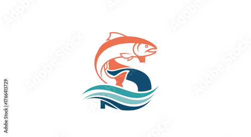 Dynamic Fish Jumping Over Stylized Letter S and Waves Logo Design.