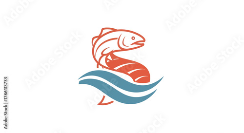 Stylized orange salmon fish logo jumping over blue water waves.