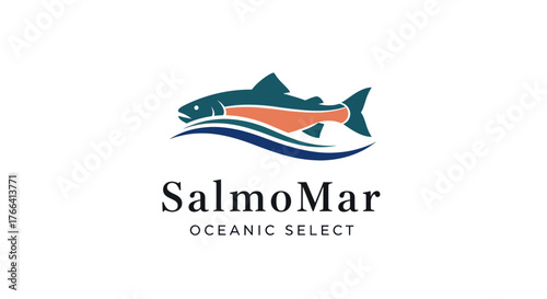 Salmon fish swimming in ocean waves logo design.