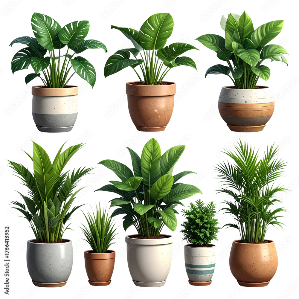 Fototapeta premium Various potted plants on a white background