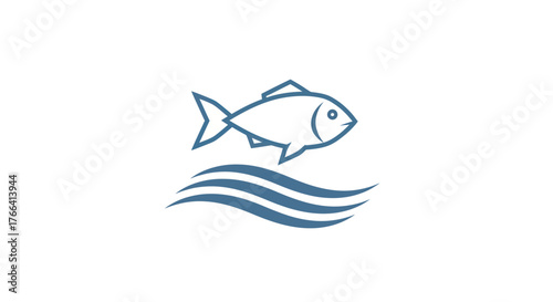 Simple Line Art Fish Jumping Over Water Waves.