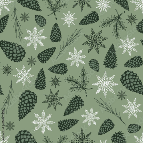 Christmas Seamless Pattern with Fir Cones and Leaves, Snowflakes. Xmas Wallpaper Design. Winter Botanical Template for Textile, Fabric, Print, Banner, Web, Social Media. Vector Illustration