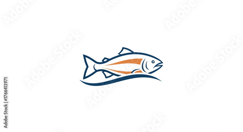 Stylized illustration of a salmon fish swimming in water.