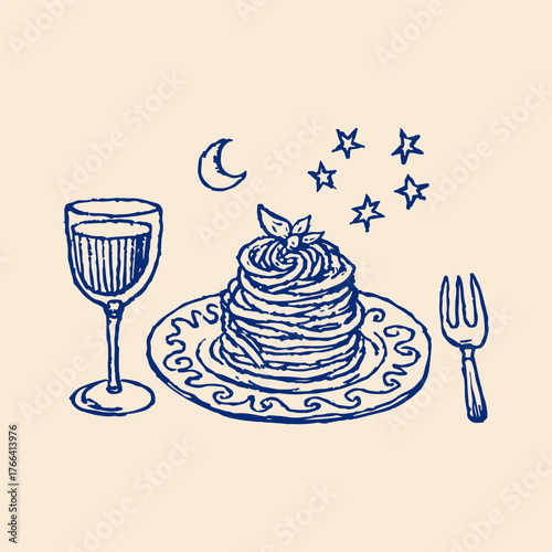 Sketch Line Drawing of Plate of Spaghetti, Fork and Glass of Wine. Hand Drawn Vector Illustration of Tasty Dinner. Food Simple Charcoal Crayon Line Art Drawing. Minimal Sketch Design for Cafe, Menu