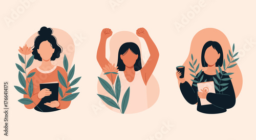 Diverse women illustrations showcase empowerment, education, and unity against a soft, aesthetic backdrop featuring floral elements.