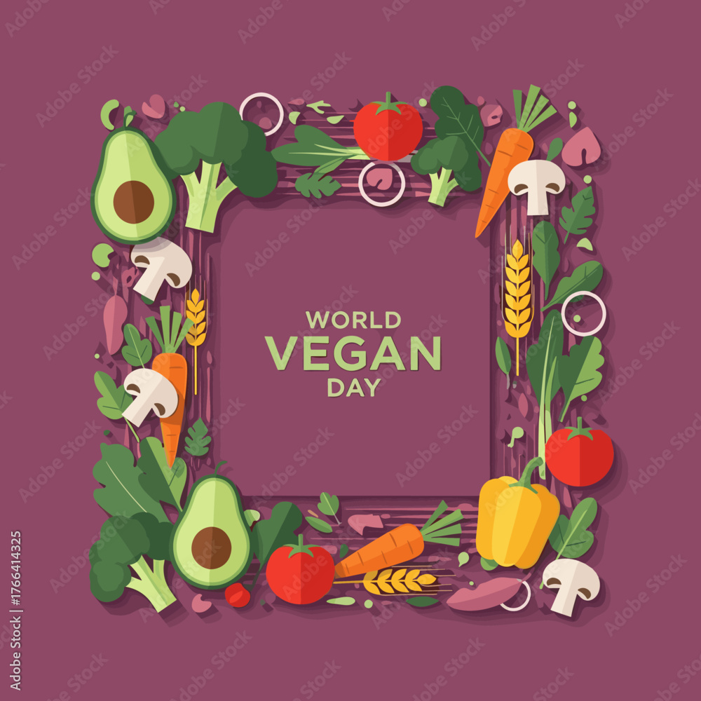 Fototapeta premium World Vegan Day square graphic featuring a frame/border made of colorful, stylized vegetables like avocado, carrots, and mushrooms on a purple background.