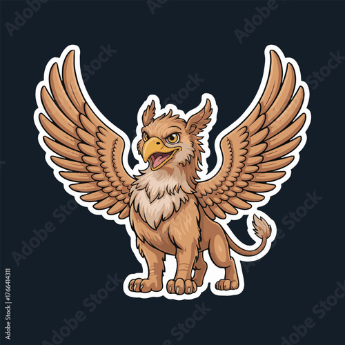 A cartoon griffin sticker with wings spread wide and a fierce expression on a dark blue background