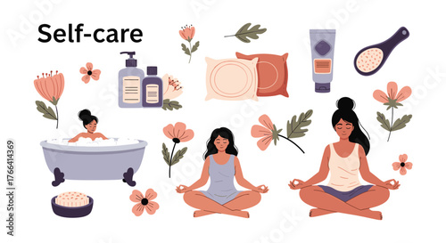 Self-care and wellness illustration with a woman in a bath, a beauty routine and meditation for a relaxing and healthy lifestyle.