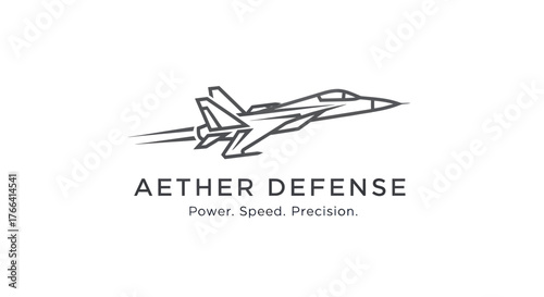 Aether Defense fighter jet logo in a minimalist line art style.
