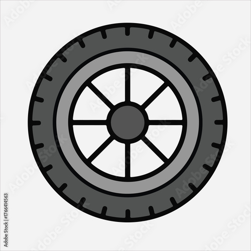 Graphic illustration of a vehicle tire with a wheel, depicted in shades of gray on a white background.