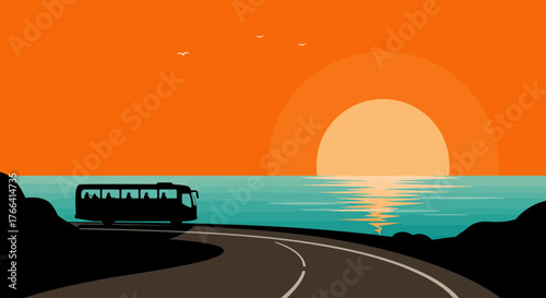 Bus sunset ocean
