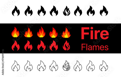 Fire icons set. Fire flame symbol set. Flame icon collection. fireball and flame vector illustration icon set. Fire flame icon. Burning symbol. Fireball sign. Contour bonfire Modern vector icon design