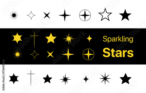 Shine or sparkle vector set of eighteen various stars in black color on white background. Sparkle star icons. Shine icon. Stars sparkle doodles vector.

