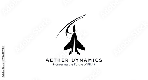 Aether Dynamics logo featuring a sleek fighter jet ascending with a dynamic flight path.