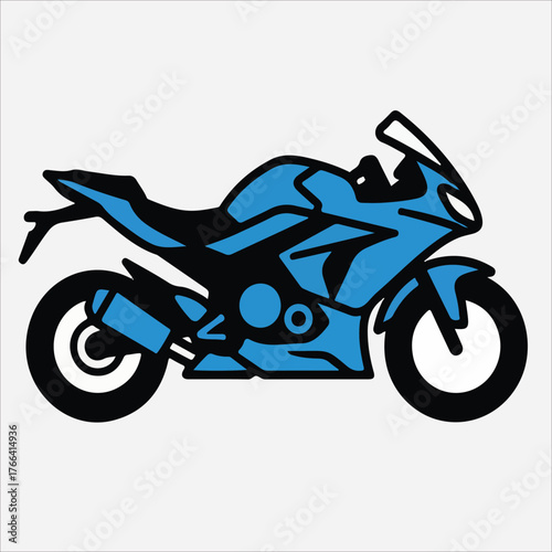 A blue and black graphic illustration of a motorcycle against a plain white background.