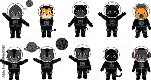 Cartoon animals in astronaut suits, floating in space, cosmic adventure, cute space creatures, sci-fi illustration, galaxy background, whimsical design