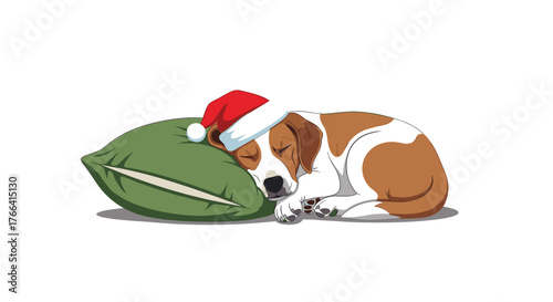 A cute beagle puppy sleeps soundly on a green pillow with a red and white Santa hat, dreaming of Christmas morning.