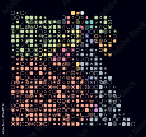 Egypt, shape of the country build of colored cells. Digital style map of the Egypt on dark background. Large size rounded square blocks. Modern vector illustration.