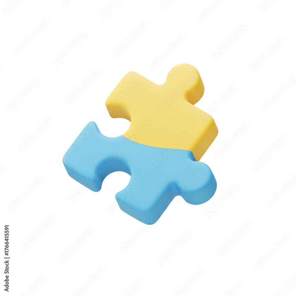 Obraz premium Interlocking jigsaw puzzle piece in blue and yellow, symbolising teamwork and synergy, perfect for illustrating complex solutions and collaborative projects