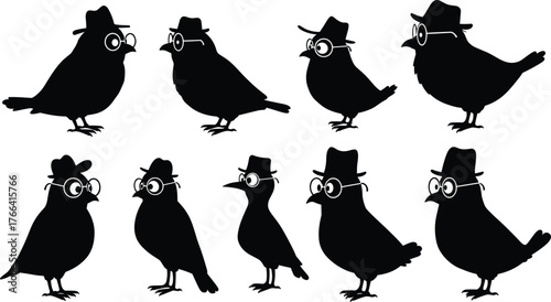 Cartoon bird silhouettes with hats and glasses, whimsical animal characters, quirky fashion birds, humorous design, unique personalities, creative illustration, playful artwork