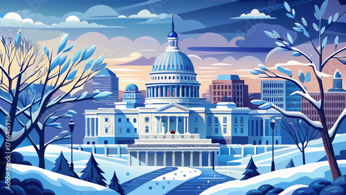 Vector of Washington D.C. in winter with Capitol building covered in snow, cloudy sky, no sunlight, cold calm day, realistic details, soft tones, peaceful cityscape