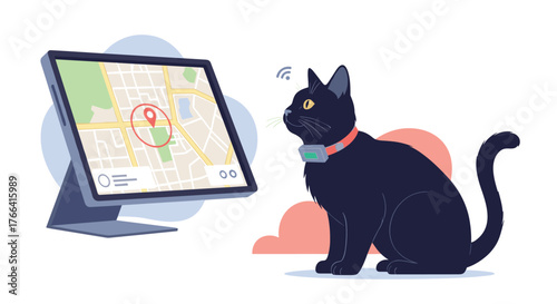 Illustration of a black cat wearing a GPS tracking collar and a tablet displaying its location on a map for pet safety.